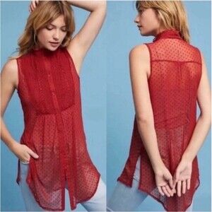 Vanessa Virginia Anthropologie Luella Rust Sheer Mesh Polka Dot Tunic Top Med